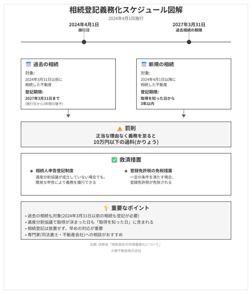 相続登記義務化のスケジュールと期限を示した図解